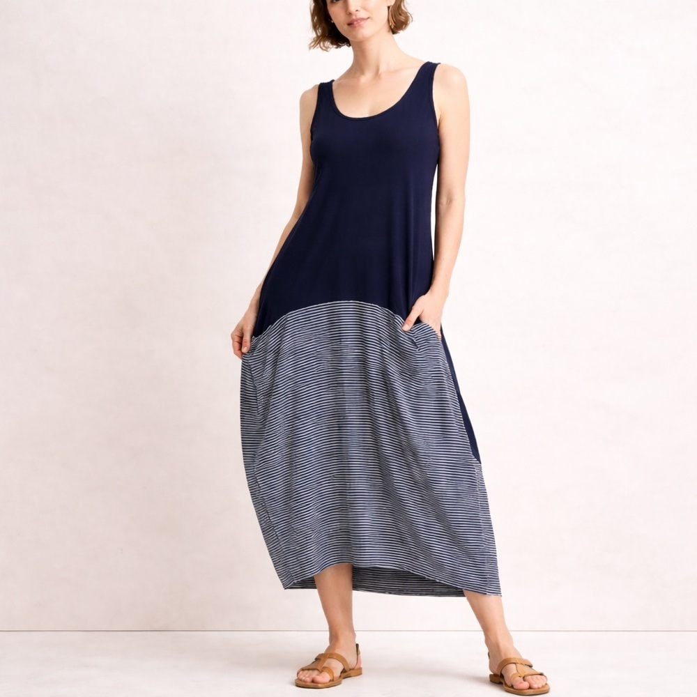 Alembika Layered Cocoon Dress Blue Striped Lagenlook Size 2